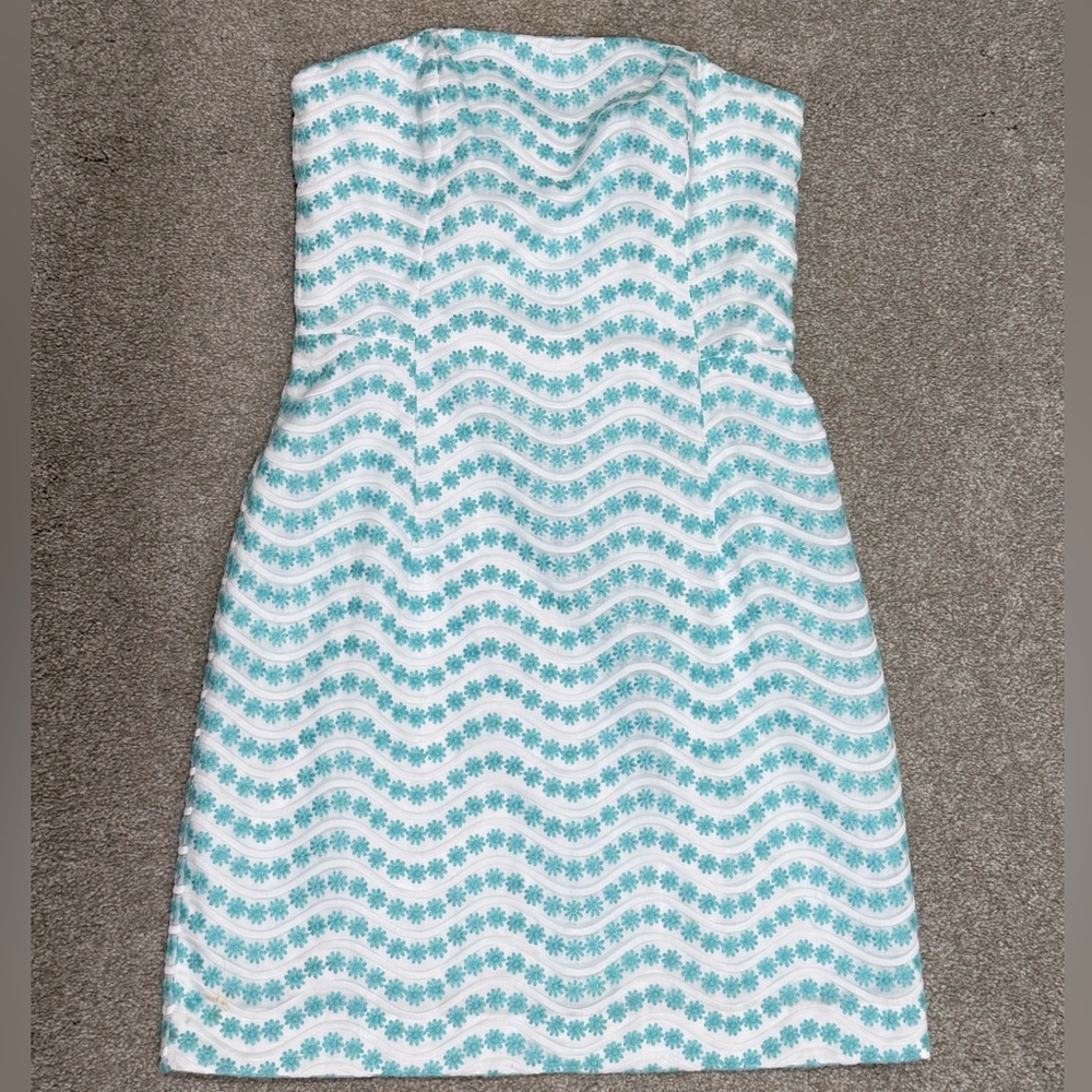 Lilly Pulitzer Leavens Strapless Dress White & Shorely Blue | Size 4